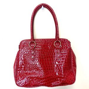 Joan Rivers Classic Collection Red Faux Alligator Print Handbag Gold Accents